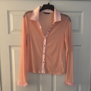 SHEIN Orange Pink Long Sleeve Button Down Shirt